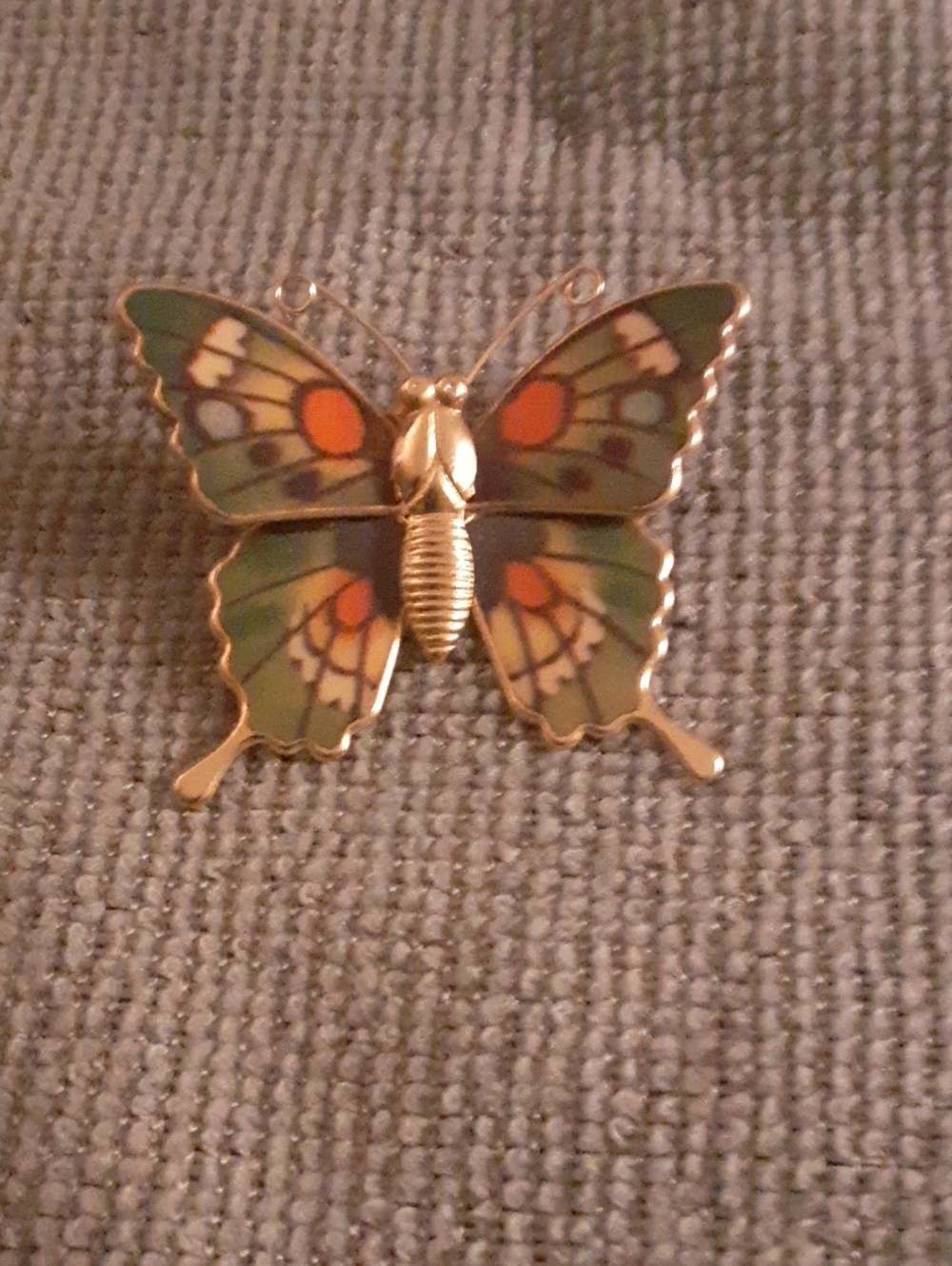 Gold-Tone Green & Orange Enamel Butterfly Brooch